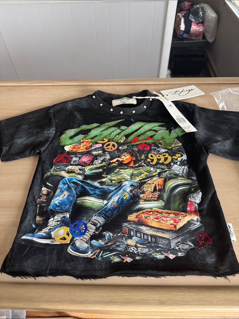 BKYS Black Graphic Kids Tee with Studded Neck - Designer Label